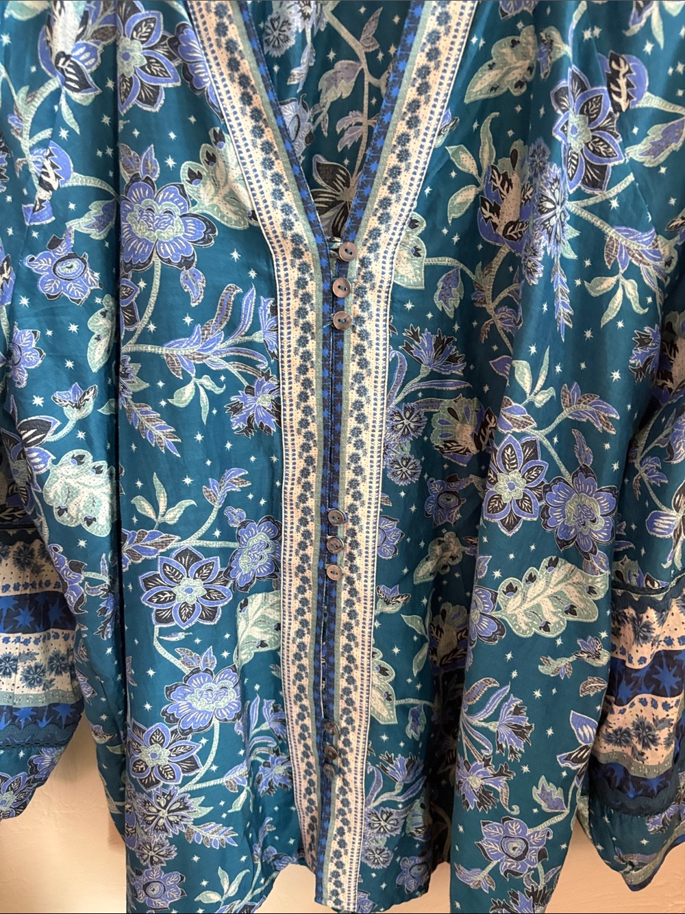 SUNDANCE Teal Floral Peasant Blouse - Picture 6 of 10